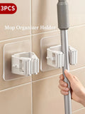 No-Drill Mop Holder: 3 Strong Wall Hooks with Clamp,Space-Saving Storage in Kitchen, Bathroom，hang showerhead/broom/rag