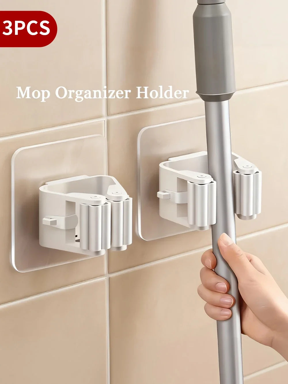 No-Drill Mop Holder: 3 Strong Wall Hooks with Clamp,Space-Saving Storage in Kitchen, Bathroom，hang showerhead/broom/rag