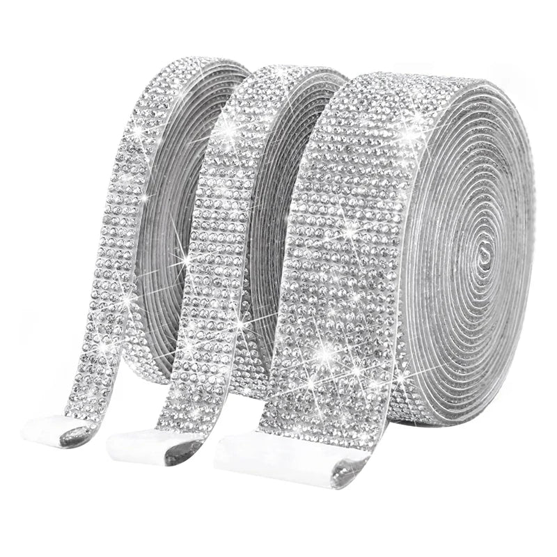 3 Rolls Self Adhesive Crystal Rhinestone Diamond Ribbon - Bling Diamond Stickers Wrap Roll DIY With 2 Mm Rhinestones Durable-AT3