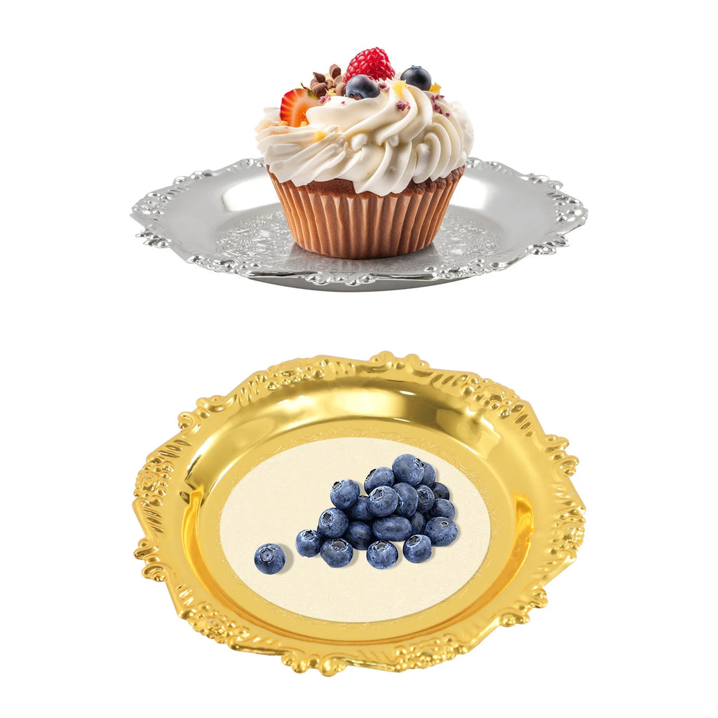 6PCS Gold/Silver Serving Tray Round Metal Snack Plate Restaurant Tray Plate Jewelry Display Tray for Birthday Wedding Banquet