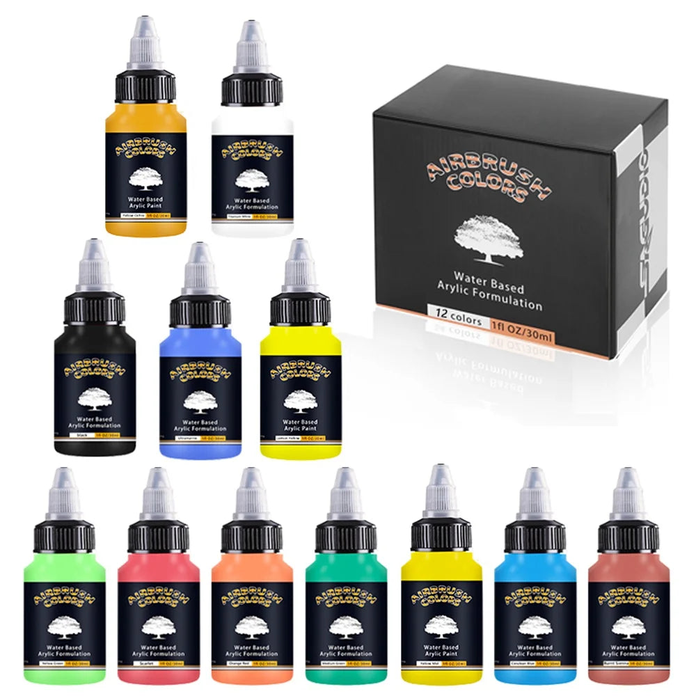 Acrylic Paint Set of 12 Colors 30ml Bottles Water Based Waterproof Ready to Airbrush for Model, Shoes, Wood,Fabric,Leather