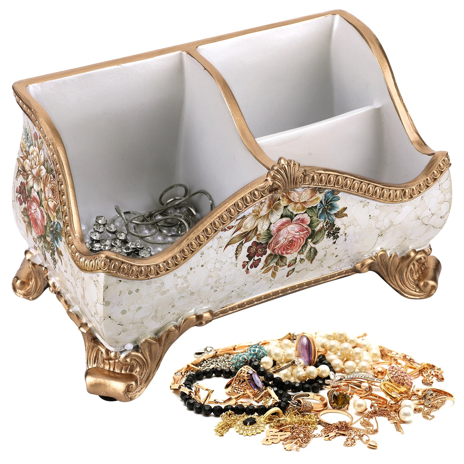 Vintage Floral Resin Tray Remote Control Holder & Desk Organizer Three Compartment Vanity Holder Desk Organizer Home Decor