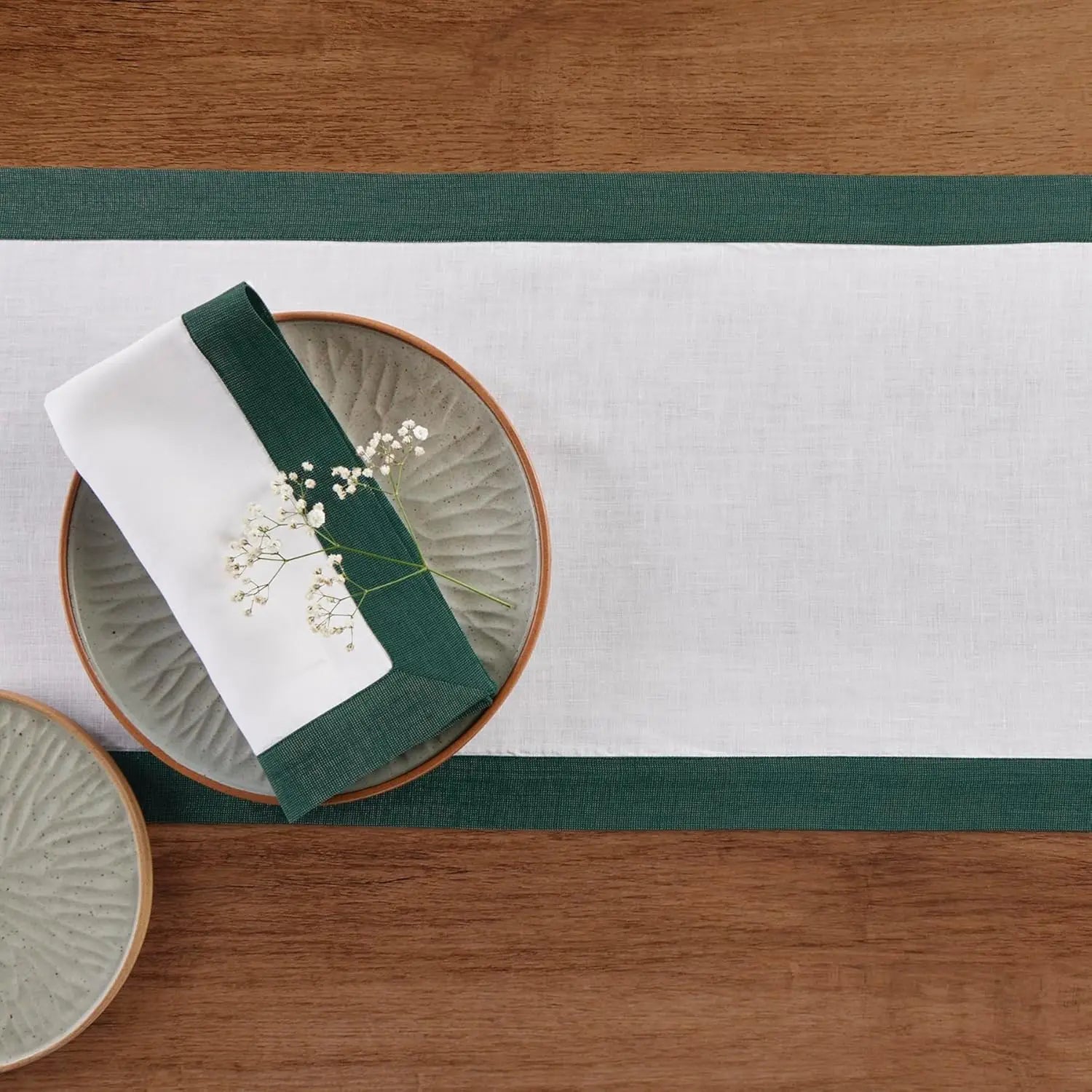 White Green Shimmer Border Linen Table Runner 14x90 Inch Handcrafted Machine Washable for St Patricks Day