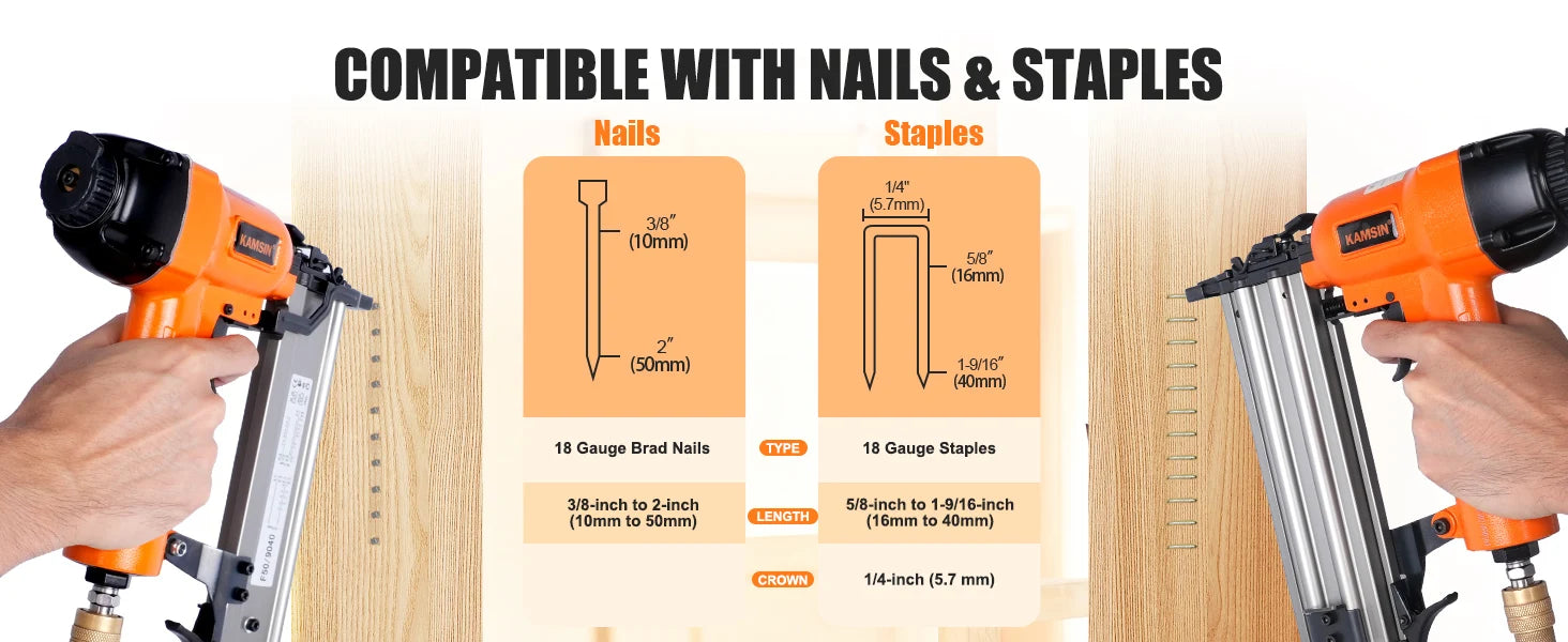 F50/9040 Pneumatic Brad Nailer, 2 in 1 Nail Gun Staple Gun Fires 18 Gauge 2" Brad Nails and 1/4" Crown 1-5/8" Staples with Carry