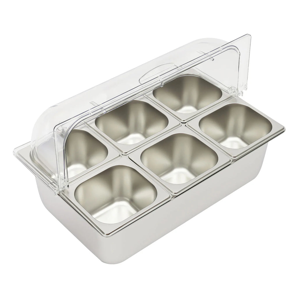 6-Pan Ice Food Serving Display Tray with Clear Roll Top Cover Cold Food Buffet Tray 15 CM Height Countertop Salad Fruit Box