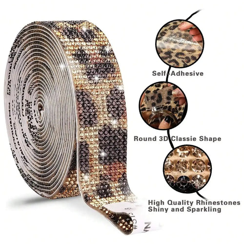 1 Pcs Self Adhesive Rhinestone Diamond Bling Crystal Ribbon Sticker Wrap for Craft Jewel Tape Roll （Leopard Print））