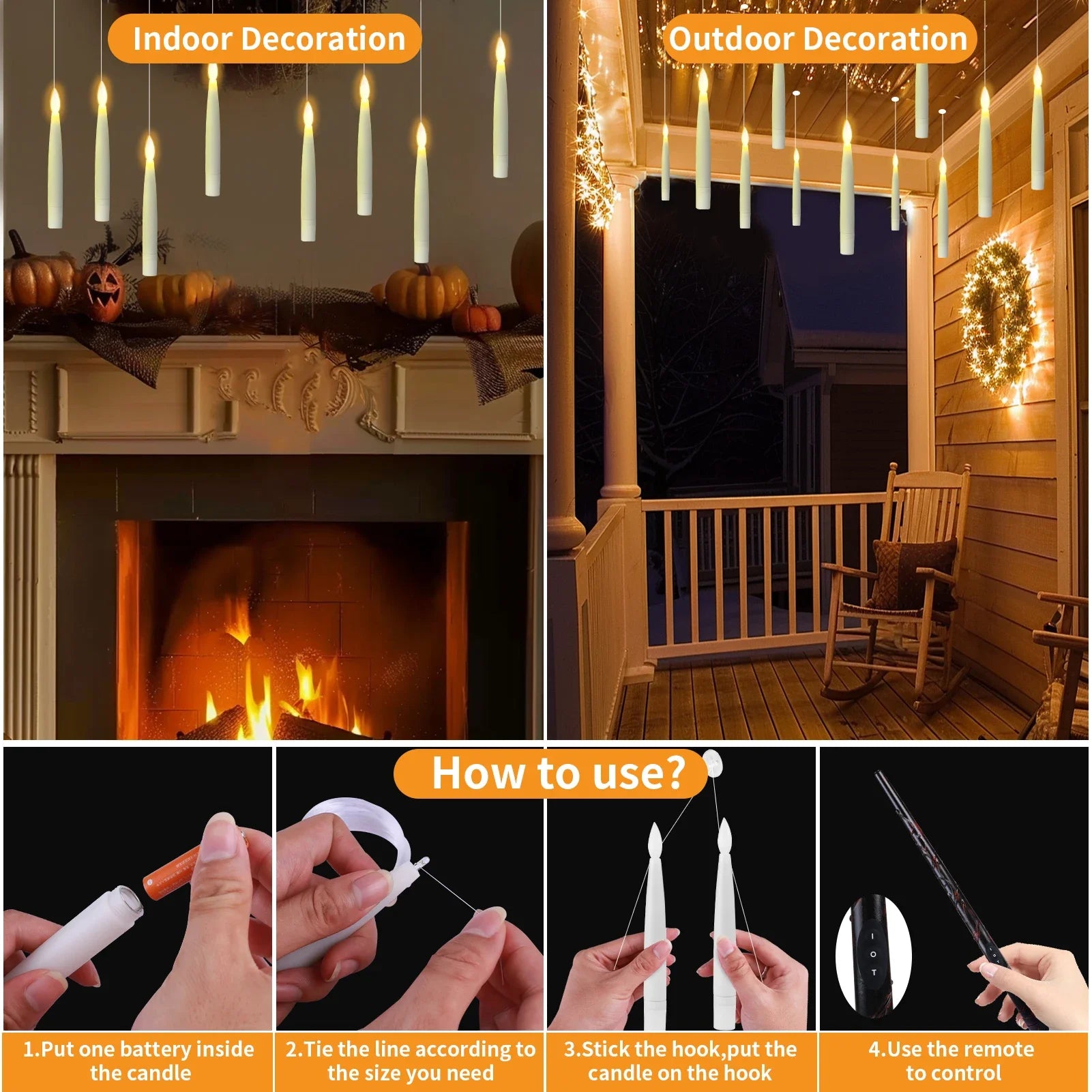 Flameless Taper Floating Candles with Magic Wand Remote Timer Flickering LED Hanging Christmas Halloween Decorations(12 Pack)