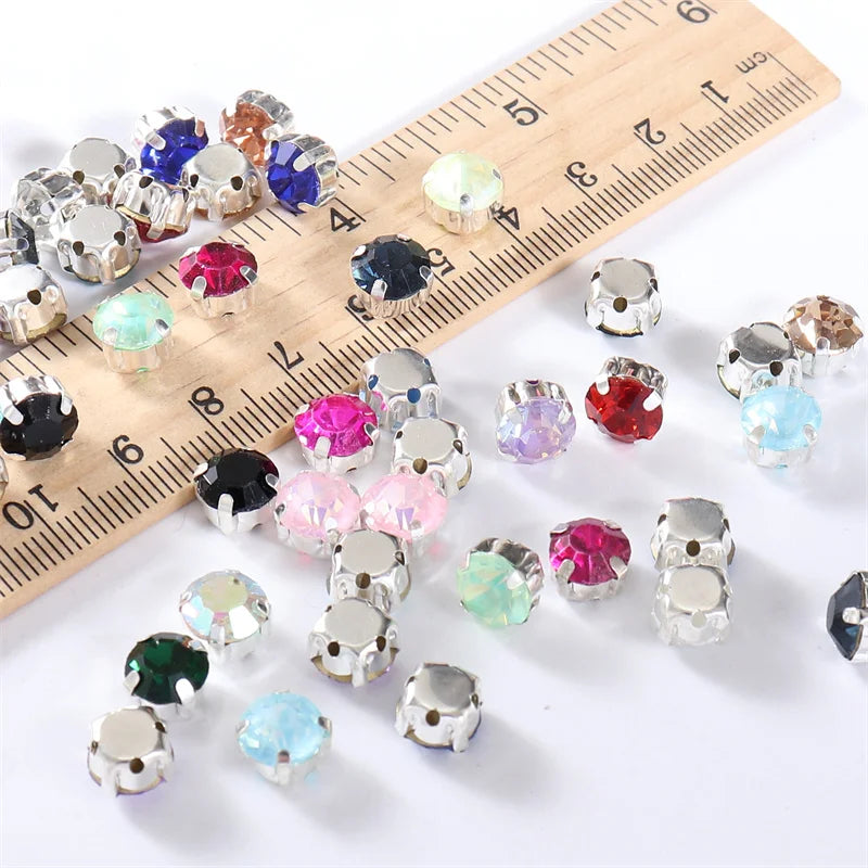 4mm-8mm Glitter Glass Sewing Rhinestones with Sliver Base Round Crystal Strass stones for diamond  Jewellery clothes diy