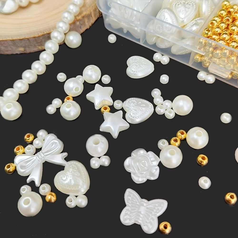 A Box Of 800pcs White Bow Heart Shaped Resin Loose Bead Set, Elegant Craft Supplies For DIY Jewelry Making, Bracelets