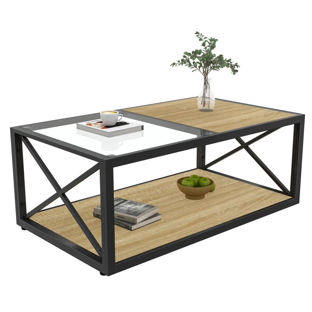 Modern coffee table for Bedroom & Living Room, Tempered Glass&Rustic Wood Grain MDF, Industrial Style coffee table