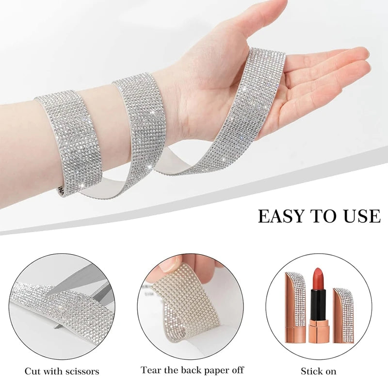 3 Rolls Self Adhesive Crystal Rhinestone Diamond Ribbon - Bling Diamond Stickers Wrap Roll DIY With 2 Mm Rhinestones Durable-AT3