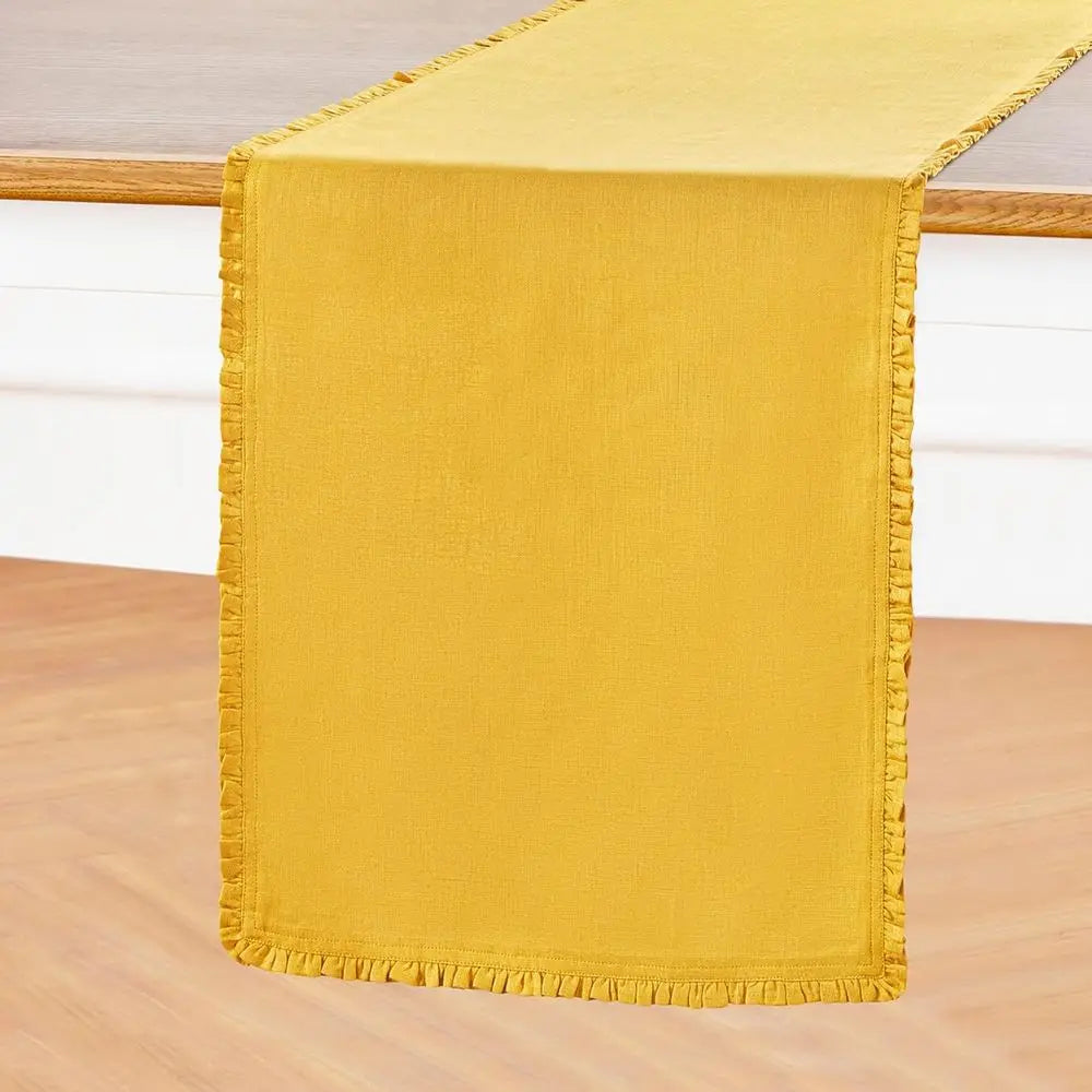 100% Pure Linen Mustard Yellow Table Runner, 14x90 Inches, Handcrafted, Machine Washable, Juliette Ruffle Style