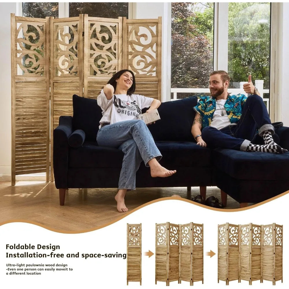 5.6Ft 4 Panels Wood Carved Privacy Screens, Free Assembled Freestanding Portable Reversible Functional Dec
