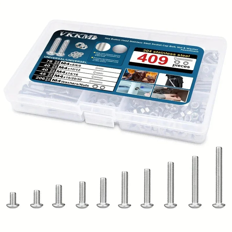 KKM M4 Stainless Steel Bolt Kit - 409pcs Hex Button Head Screws, Nuts & Washers Assortment Set" (92 bytes)