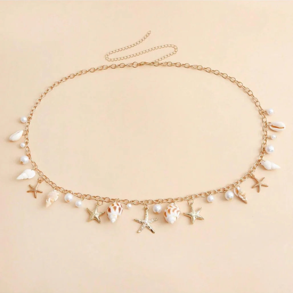 Bohemian Summer Beach Shell Waist Chain, Imitation Pearl Starfish Conch Jewelry,Seaside Waist Accessory for Women