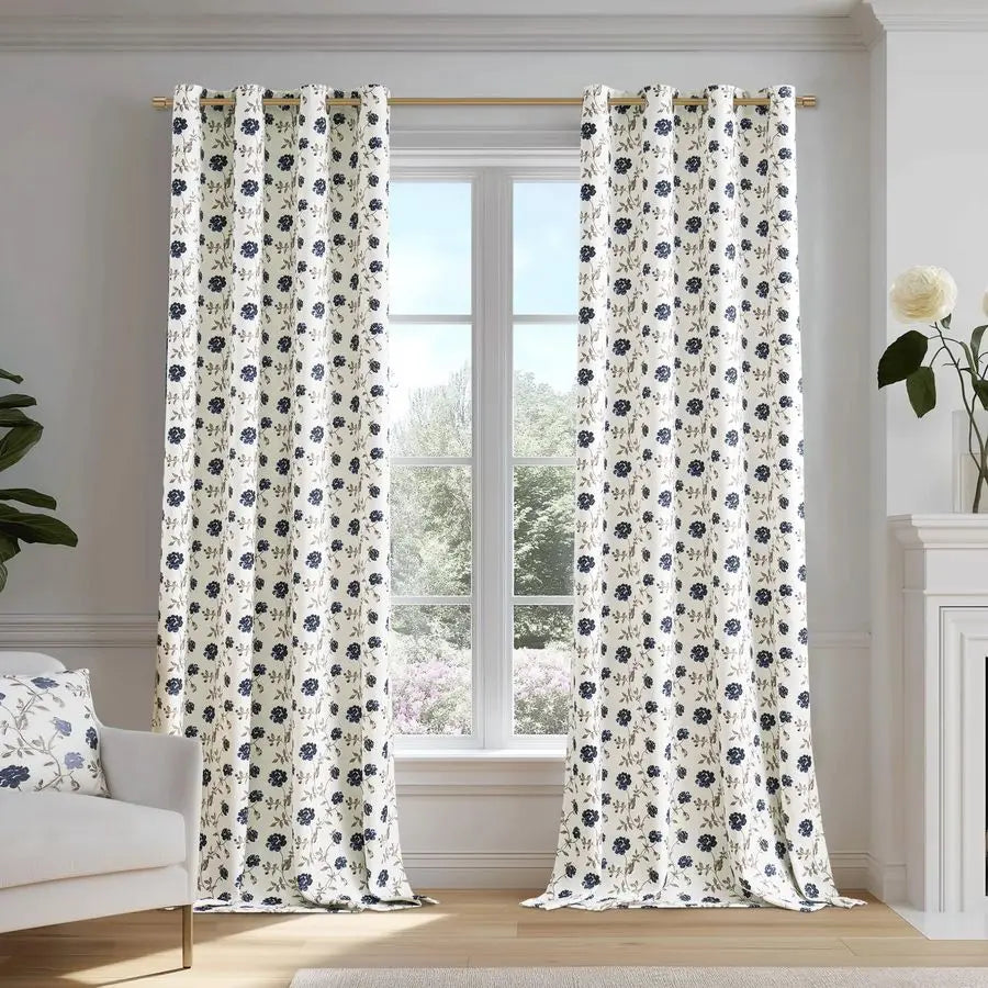 Blue Floral 100 Blackout Curtains 54 Inches Long 2 Panels for Bedroom Living Room Vintage Rose Flower Patterned Room Darkening T