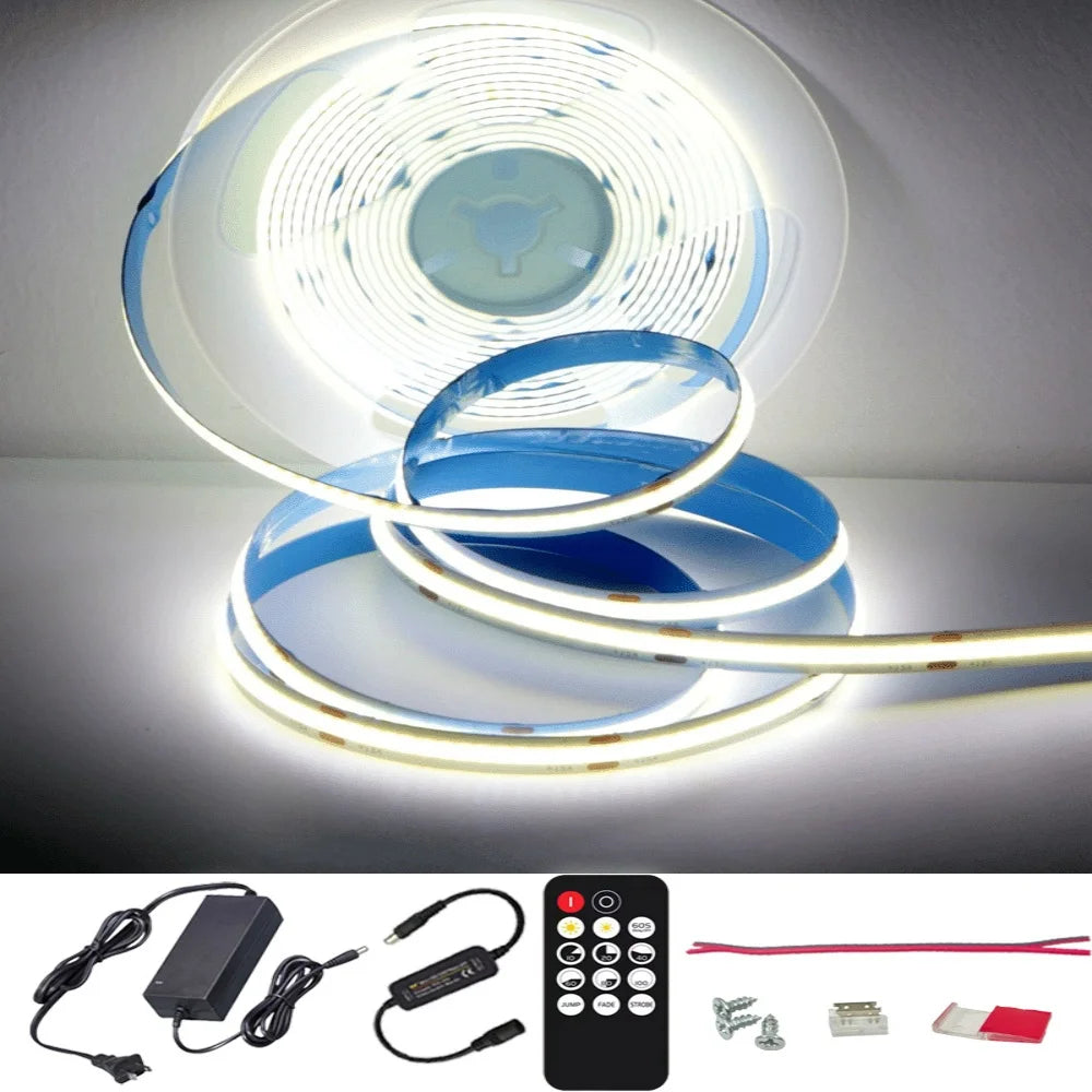 ETL Listed 24V 50ft/15m COB LED Strip Light 3000K/4000K/6500K Dimmable with RF Remote for Bedroom Cabinet(Power Supply Included)