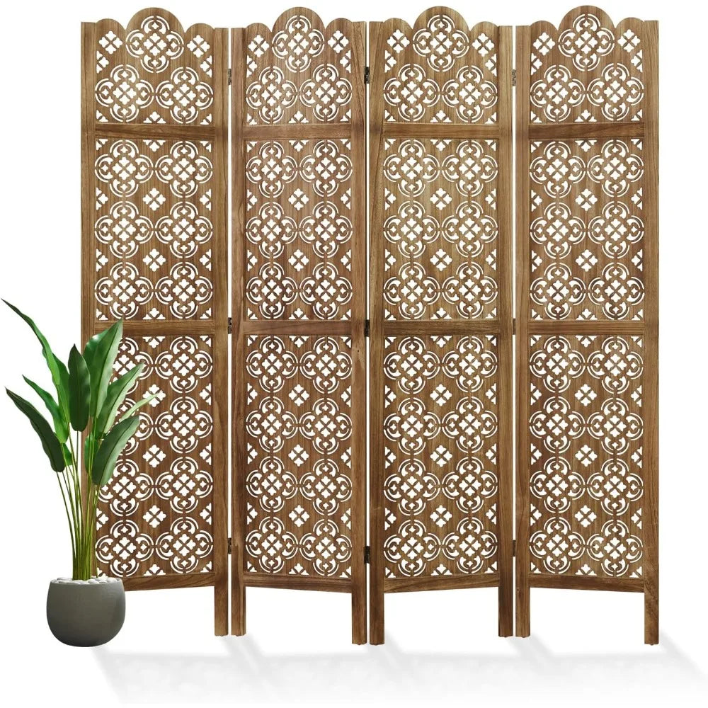 Folding Room Divider, 4 Panels Wood Carved Privacy Screens - Ideal Decorative Partition for Home, Office, Restaurant, B