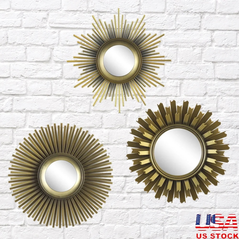 3 Piece Round Sunburst Mirror Set Mid Century Modern Home Decor Lightweight Wall Accent Mirrors Versatile Decorative Wall Art