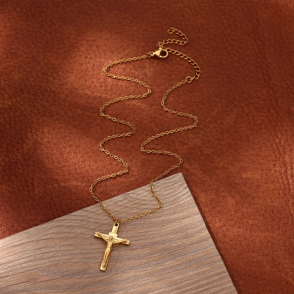 LLX Stainless Steel Jesus Cross Necklace For Women Men Gold Color Caravaca Angels Crucifix Charm Choker Rapper Jewelry Hip Hop G