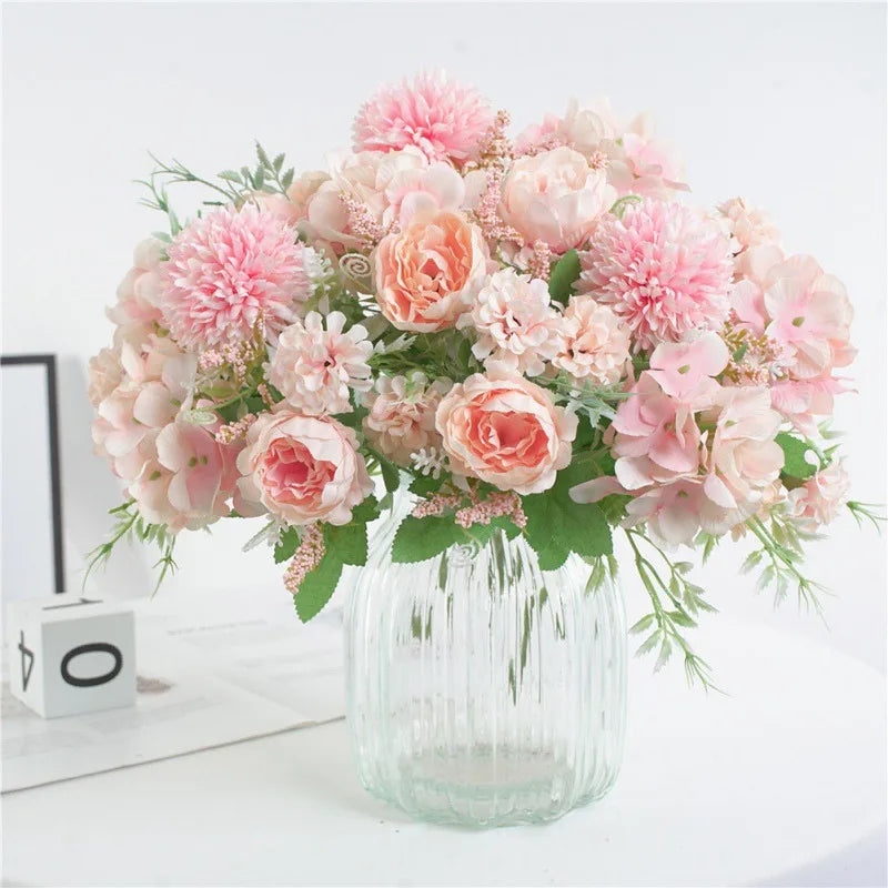 7 Heads Hydrangea Flowers Artificial Bouquet Silk Blooming Fake Peony Bridal Hand Flower Roses Wedding Centerpieces Decor
