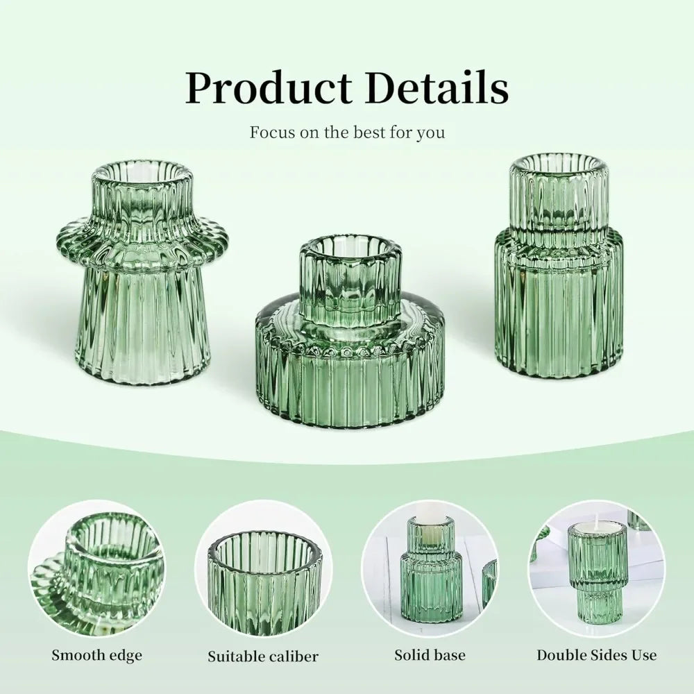 Glass Taper Candle Holder Short Small Boho Ribbed Votive Candlestick Holder for Table Centerpiece Wedding Decor and Dinner Party