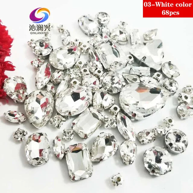 68Pcs Mix Crystal Sliver Claw Setting Rhinestones Sewing Clothe For Needlework Stone DIY Sew On Wedding Dress Shoes Bags