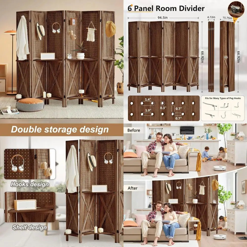 Wooden 6-Panel Pegboard Room Divider with Shelf and 24 Hooks, Ideal for Bedroom or Jewelry Store, Brown