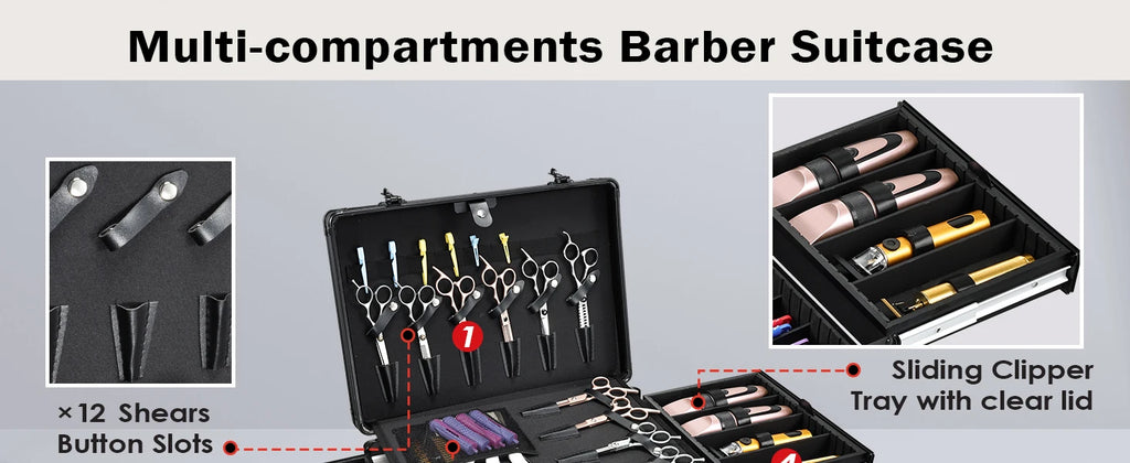 Barber Case with Sliding Tray, Profesional Barbers Briefcase Tool Case for Clippers and Hair Scissors Supplies Travel Suitcase