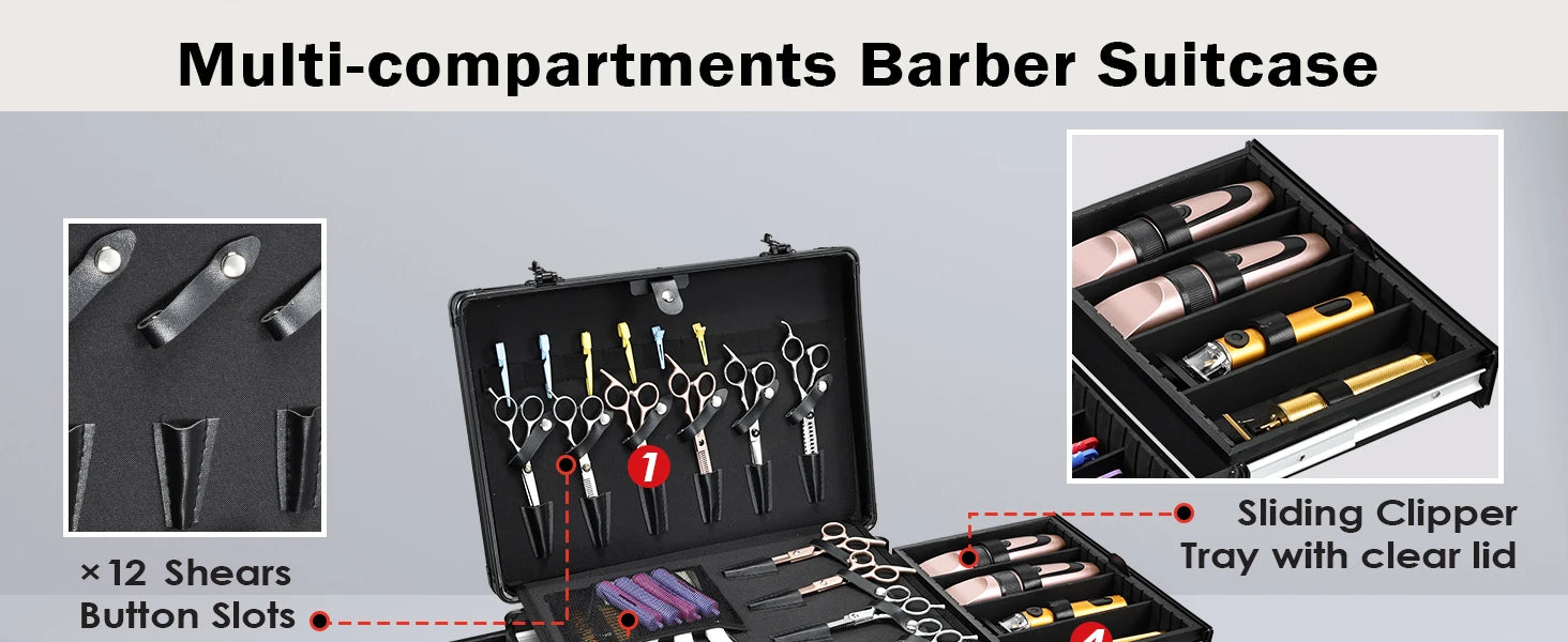 Barber Case with Sliding Tray, Profesional Barbers Briefcase Tool Case for Clippers and Hair Scissors Supplies Travel Suitcase