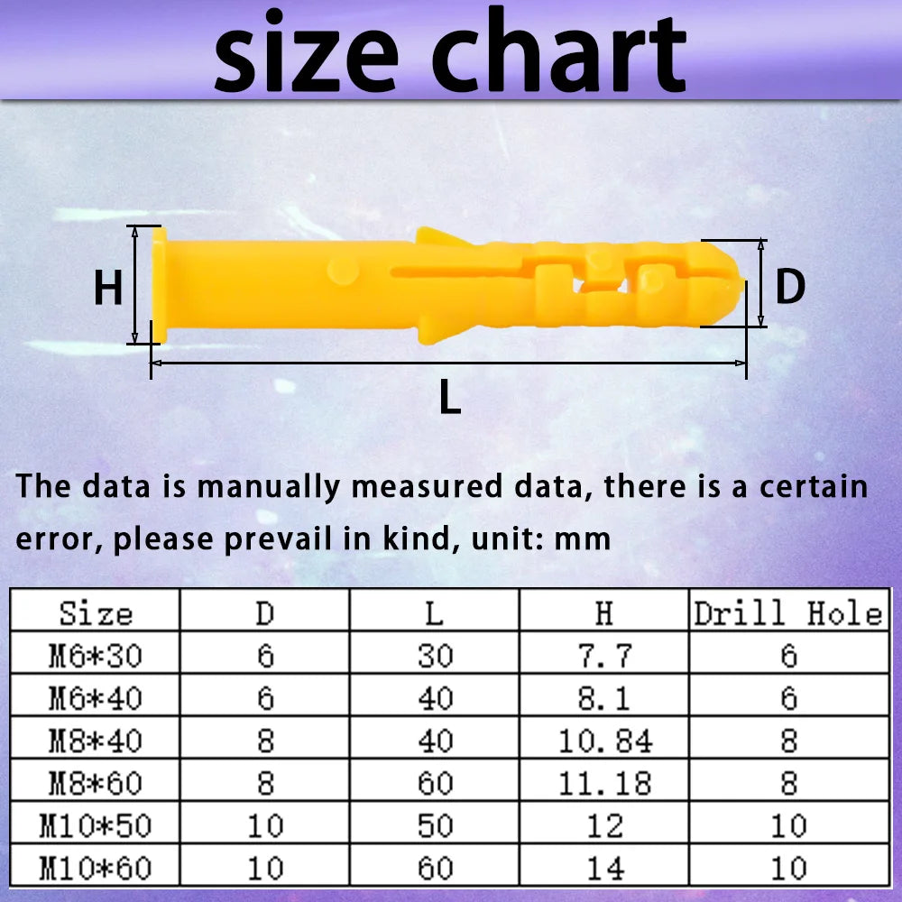 25pieces Plastic Expansion Tube Ribbed Plastic Anchors M6 M8 M10 Expansion Pipe Wall Plug Frame Fixed Tube For Selftapping Screw