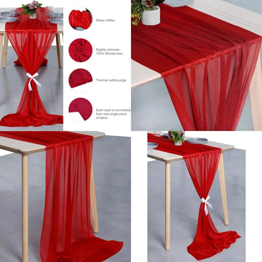 Red 10ft x 120in Shimmering Chiffon Table Runner Set of 5 for Weddings, Showers, Parties & Events