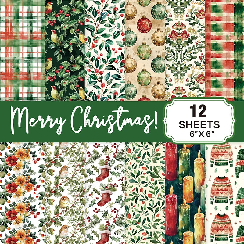 Christmas Scrapbook Paper Pad 12 Sheets 6x6 Glitter Confetti Snowflake Single-sided Prints Cardstock 160gsm Acid-free Decorative