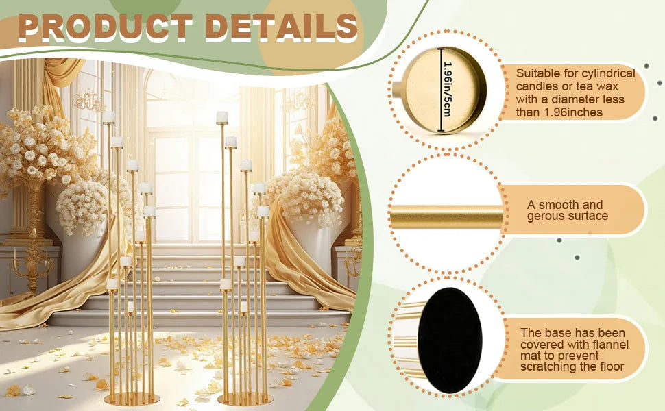 2pcs 9 Arm Candelabra Floor Candle Holders Tall Set for Wedding Gold Candelabras Candle Stand