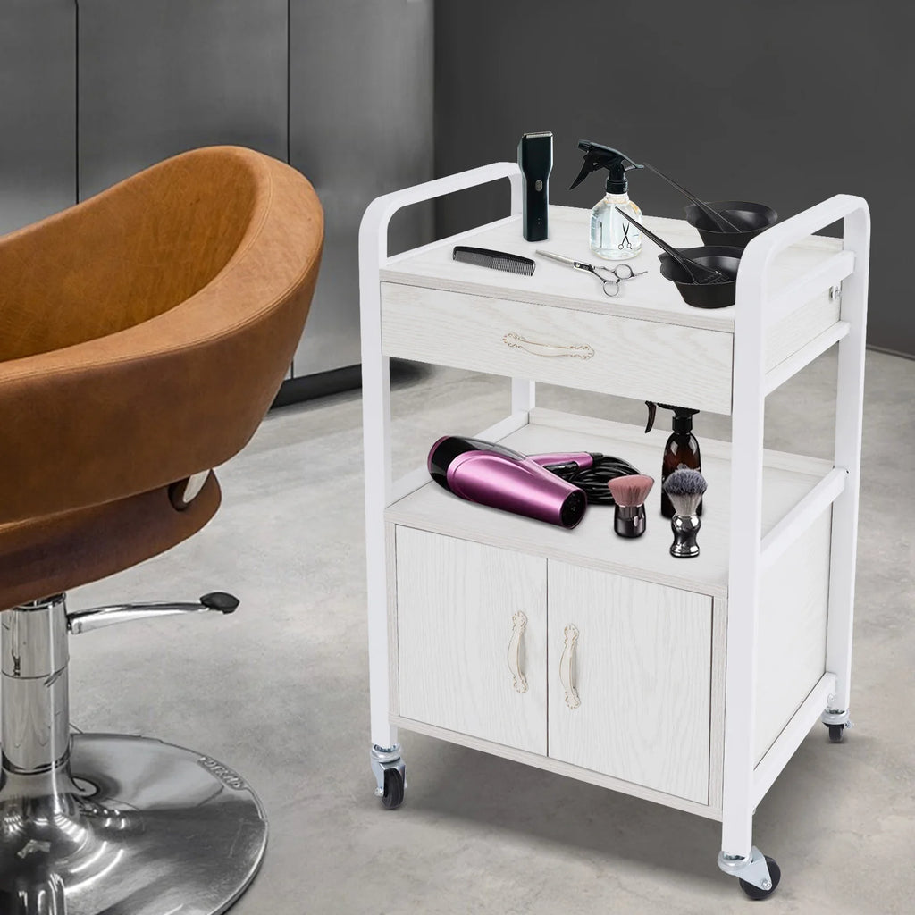 Salon High-density Wood Panels Storage Cart,White Rectangle Free Standing Movable Beauty Organizer 51*33*83cm for Beauty Salons