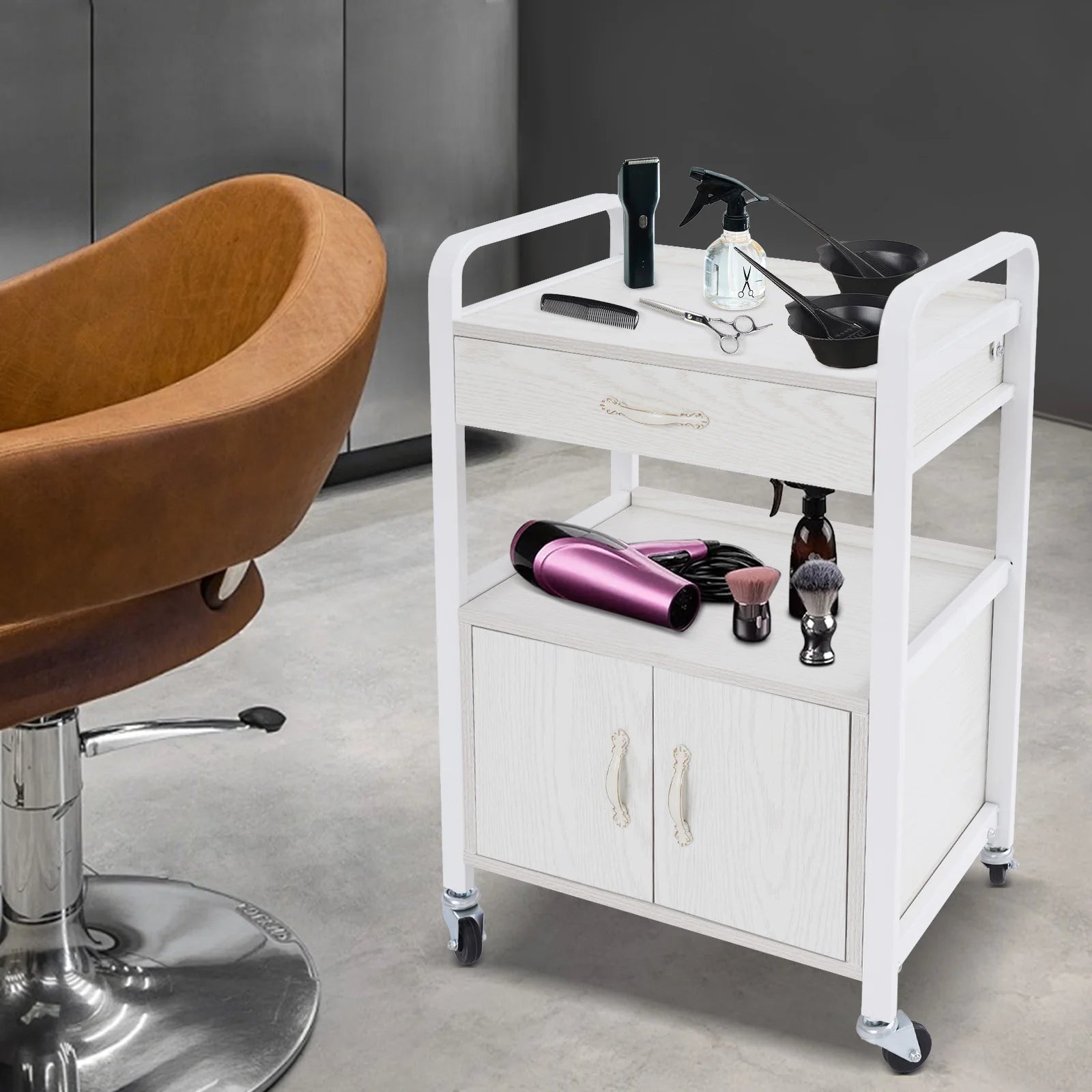 Salon High-density Wood Panels Storage Cart,White Rectangle Free Standing Movable Beauty Organizer 51*33*83cm for Beauty Salons