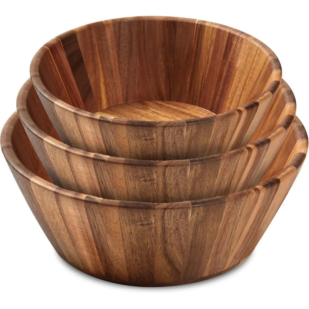 Wooden Bowls, Wooden Salad Bowl Set of 3 - Round Design Large Salad Bowl Set Wood Dining Accessory