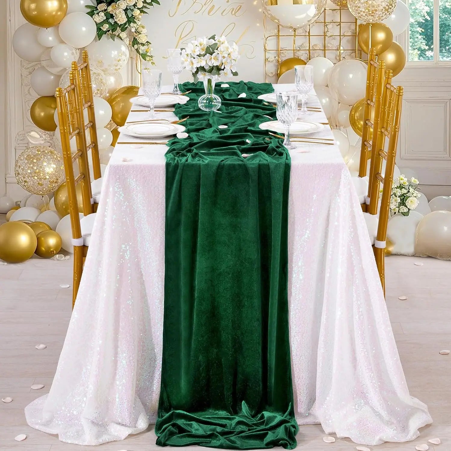 8Pcs-29x120 Inches Emerald Green Velvet Table Runner ,Soft Luxurious Fall Table Runners 10ft Long,for Wedding Bridal Shower Than