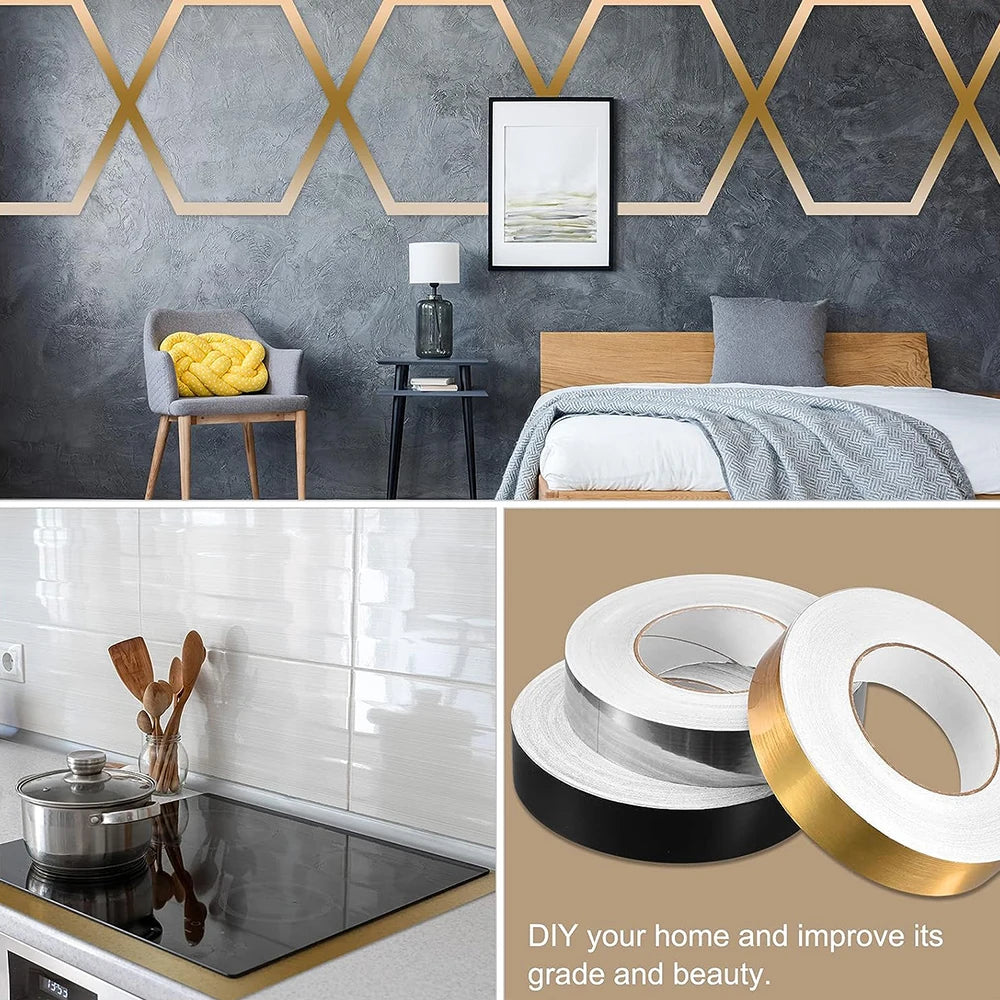 50M Self-Adhesive Tile Beauty Seam Sticker Tape 0.5/1cm Width Waterproof Gold Foil Lines Floor Wall Gap  Decor Seal Strip Tape