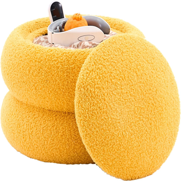 Round Velvet Storage Ottoman with Tray, Macaron-Shaped Footrest & Side Table for Living Room, Bedroom & Hallway Decor - Yellow