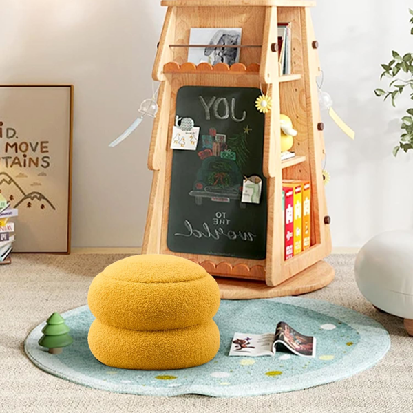Round Velvet Storage Ottoman with Tray, Macaron-Shaped Footrest & Side Table for Living Room, Bedroom & Hallway Decor - Yellow