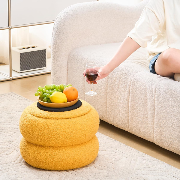 Round Velvet Storage Ottoman with Tray, Macaron-Shaped Footrest & Side Table for Living Room, Bedroom & Hallway Decor - Yellow