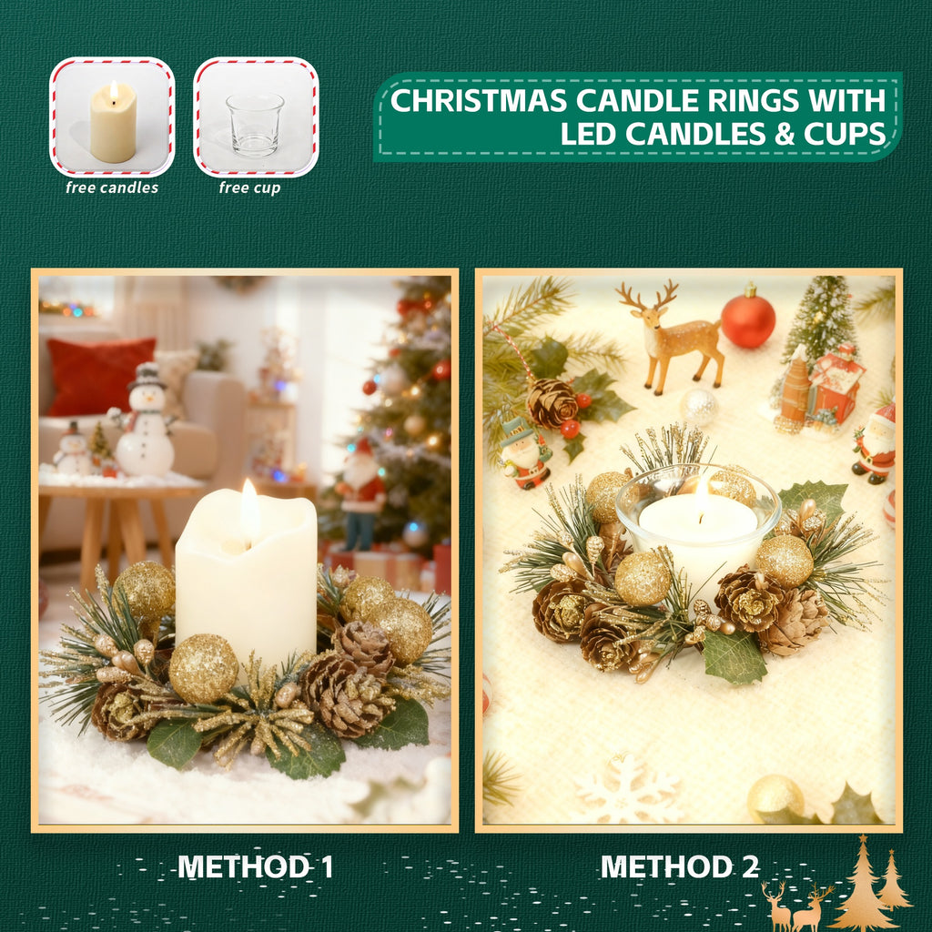 6-Pack LED Candles with Golden Berries & Pinecones Christmas Candle Rings for Table Front Door Cabinet Window in Glass Cup