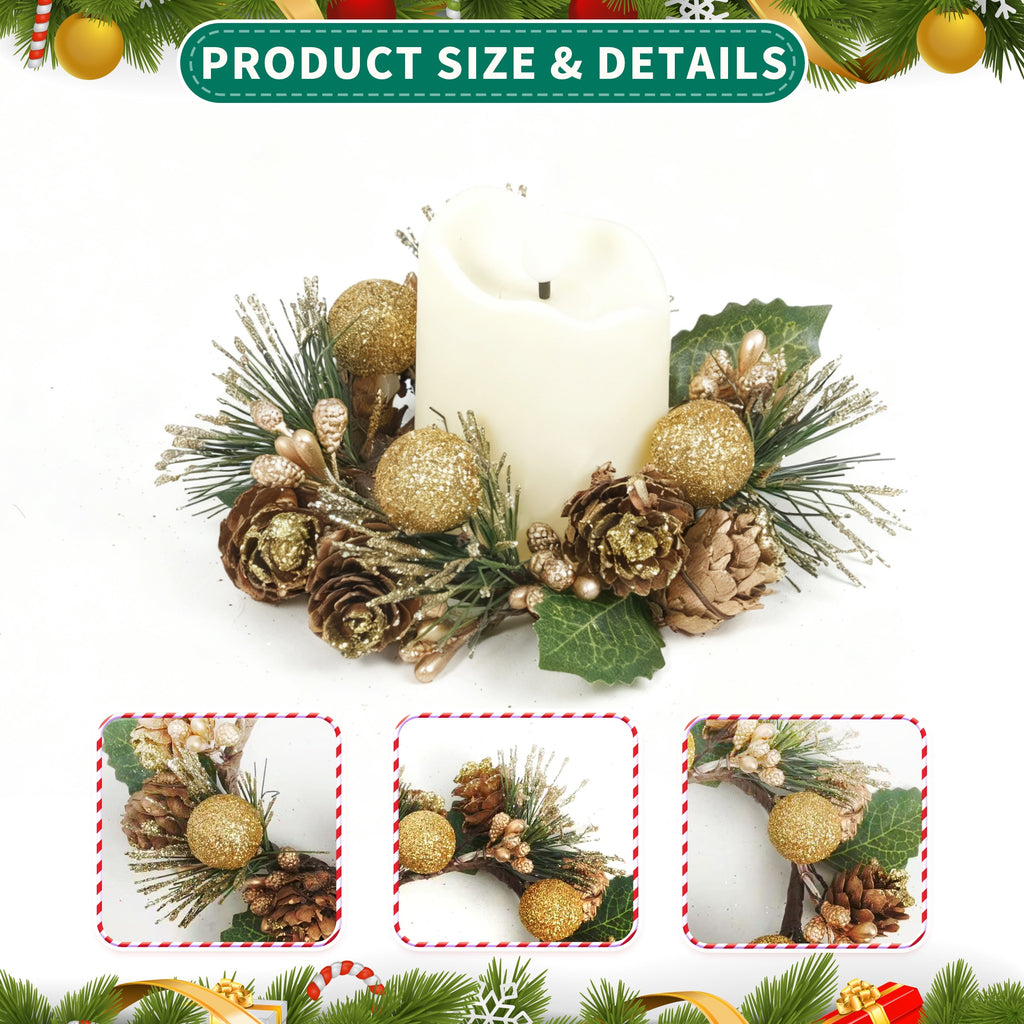 6-Pack LED Candles with Golden Berries & Pinecones Christmas Candle Rings for Table Front Door Cabinet Window in Glass Cup
